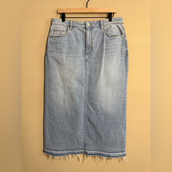 Ann Taylor Light Blue Denim Midi Skirt Frayed Hem - Picture 5 of 12